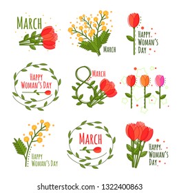 Vector woman's day set in cartoon style on white background, great design for any purposes. Spring flat set. Flat design vector illustration. Vector natural illustration.