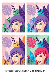 Cara vectorial con ojos azules y pelo largo sobre un fondo adornado con flores. Patrón floral colorido. Cara modelo para publicidad cosmética, peluquería, salón de belleza, estilista