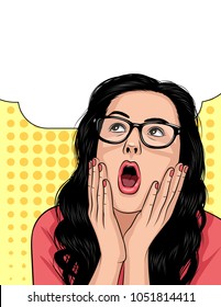 Vector woman's face in shock emotions. Beautiful girl open her mouth and keep hands above face. Stressful girl's face over dot background with speech bubble