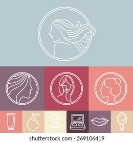 Vector woman's faces on circle emblems in linear style - beauty and cosmetics concepts and logo design elements