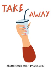 La mano de la mujer vectora sostiene una taza reutilizable. Termo o tumblers con cubierta para tomar café o té caliente. No hay plástico. Cartel de la cafetería.