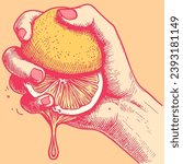 Vector of a woman's hand squeezing half a lime. Illustration of pastel fingers and a juicy slice of lemon.