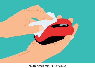 Vector of woman's hand wiping with antibacterial wiping computer mouse to avoid viruses.