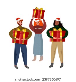 Vector womans and mans with red  Santa hats and presents. Great characters for family celebration, new year party concept.