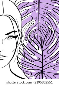 Retrato de mujer vectora con hoja violeta de monstera. Ilustración de moda tropical. 