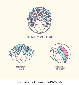 Vector women beautiful person with hairstyles of interwoven colors for interiors with organic cosmetics, can be used as a logo