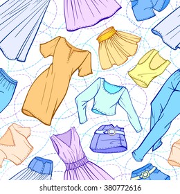 Vector women clothes seamless pattern. Dresses, skirts, jeans, shorts, t-shirts.