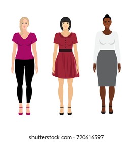 Vector women of different races: caucasian, mongolian and ethiopian