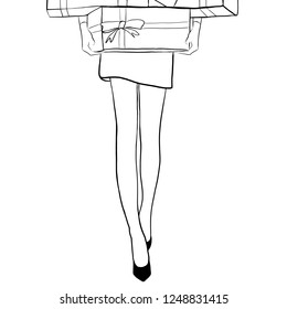 Vector Women in dress with gifts box outline. Girl in high with Beautiful present boxes and bow. Fashion illustration. Female legs in shoes. Trendy Design for sale,discount, advertising. Vogue style