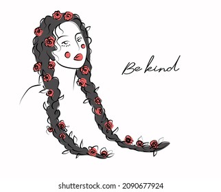 Vector women face with flowers portrait. Female beauty figure logo with red roses. Lettering be kaind for postcards, web, cards.