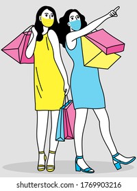 Vector of a women to go shopping with many shopping bag and use mask in the new normal Covid-19 era.