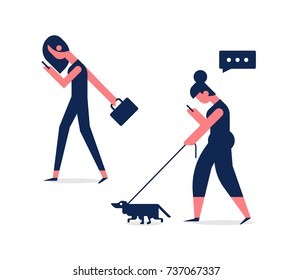 Vector women holding smart phone to read and text messages outdoors. Side view. Flat concept illustration of people addiction to networks and spending time in internet.