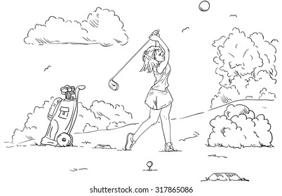 vector - women long hair -  golf player 