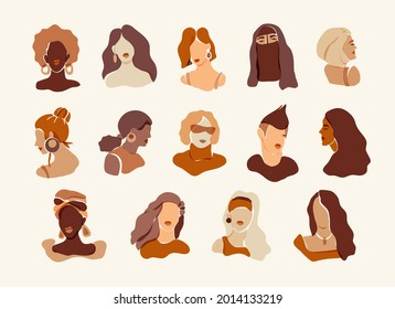 Vector women portraits set. Minimal aesthetic female avatars for social media networks. Flat style neutral colors diverse women faces collection. Different skin tones and hairstyle cartoon web icons