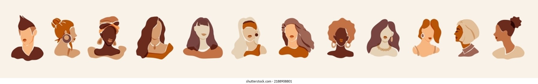 Vector women portraits set. Minimal aesthetic female avatars for social media networks. Flat style neutral colors diversity women faces collection. Different skin tones, hairstyles cartoon web icons
