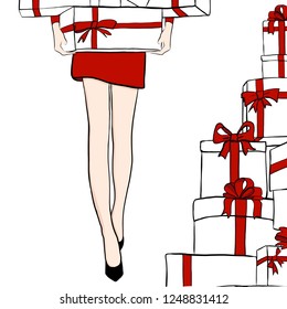 Vector Women in red dress with gifts box. Girl in high with Beautiful present boxes and red bow. Fashion illustration. Female legs in shoes. Trendy Design for sale, discount, advertising. Vogue style