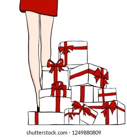 Vector Women in red dress. Girl in high with Beautiful present boxes and red bow. Fashion illustration. Female legs in shoes. Trendy Design for sale,discount, advertising, store. Vogue style