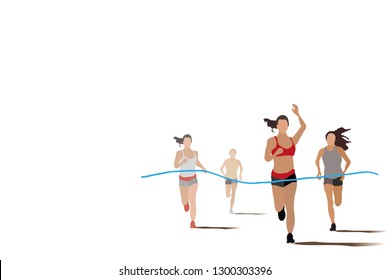 vector women running on white background.winner.copy space.finish line
