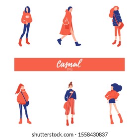 Vector women set in flat style. Girls illustration isolated on white background. Beautiful people outfits. Fashion teens. Female cartoon characters.