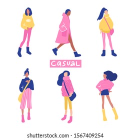 Vector women set in flat style. Girls illustration isolated on white background. Beautiful people outfits. Fashion teens. Female cartoon characters.