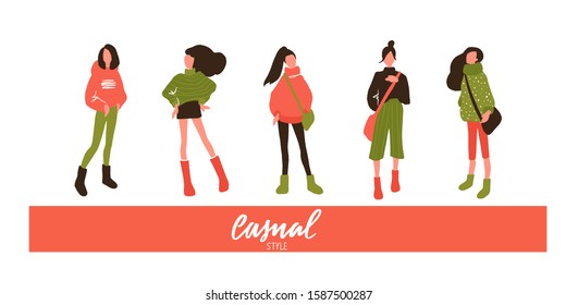 Vector women set in flat style. Girls illustration isolated on white background. Beautiful people outfits. Fashion teens. Female cartoon characters.