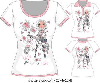 Vector women set T-shirt Design Template with fashion girl and scooter