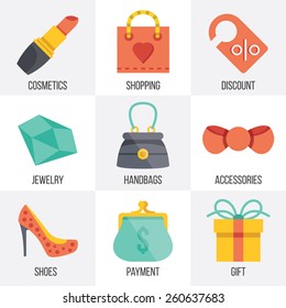 Vector women shopping icons set. Flat design. Isolated on white background. Set 7.