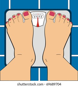 Mulheres vetor de pé no indicador de escala do banheiro mostra 100 KG suas unhas do dedo do pé são pintadas por manicure útil para o uso da dieta Overweight Fitness & GYM seção baixa de humano