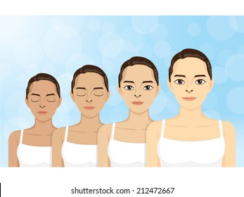 Vector Women in step skin colors dark skin from light skin and beautiful face. 