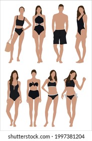 Vector of women in swimsuit , group of women in swimsuit, wearing swimsuit outfit
,standing in white background
