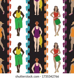 Vector Women in Swimsuits with Shoes in Purple Blue Red Yellow Orange on White Black Stripes Seamless Repeat Pattern. Background for textiles, cards, manufacturing, wallpapers, print, gift wrap and