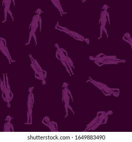 Vector Women in Swimsuits Silhouettes in Purple on Purple Seamless Repeat Pattern. Background for textiles, cards, manufacturing, wallpapers, print, gift wrap and scrapbooking.