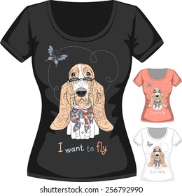 Vector women T-shirt Design Template with dog Basset Hound breed. 