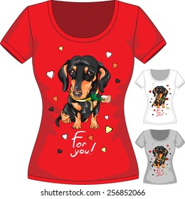 Vector women T-shirt Design Template with dachshund and red flower.