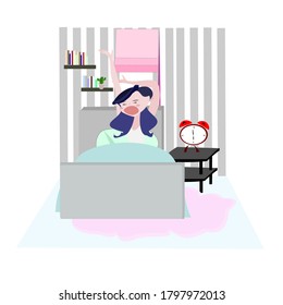 Vector women wake up in the morning .Cute girl  stay at home. People illustration . Cute cartoon character person flat design .Clip art on white isolated background.