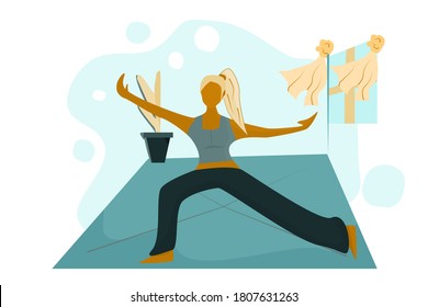 Vector women is yoga in house, illustration concept exercise healthy. Lifestyle health care