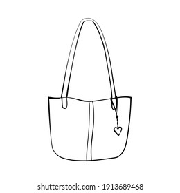 vector, womens bag with long handles and keychain, line art hand-drawn, isolated on white background