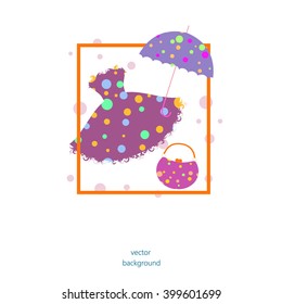 Vector. women's clothes, bag and umbrella. Dress in the box. Abstract image of women's accessories