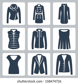 Vector Women's Clothes Icons Set: Jacket, Overcoat, Down-padded Coat, Vest, Sweatshirt, Blouse, Top, Suit Jacket, Jumper