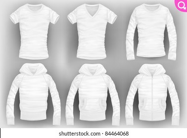 vector women's clothes pack. t-shirt, v-neck, long-sleeved, hooded sweatshirt with pockets and zipper