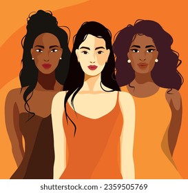 Cartel del Día de la Mujer Vectora. Un grupo de bellas mujeres gentiles con diferente belleza, color de piel. Beige, fondo de color marrón. Derechos de la mujer, feminidad, independencia e igualdad de género