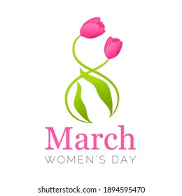 Vector Women`s Day Banner Text 8 March. Numeral made of Paper Cut Tulip Stems. Isolated on White Background.