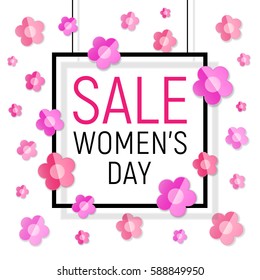 Vector Womens day black frame sale text on white background with paper light pink - red flowers. March 8 - Women's Day Paper Design of greeting card. Spring sale template