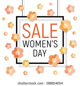 Vector Womens day black frame sale text on white background with paper light yellow - orange flowers. March 8 - Women's Day Paper Design of greeting card. Spring sale template.