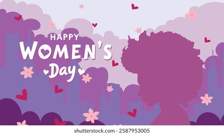 Vector Women's Day Greeting Card with Woman Silhouette, Hearts, and Flowers