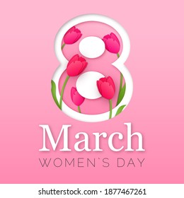 Vector Women`s Day Paper Art Poster. Text 8 March. Pink and Red Tulips in Cutout Numeral. Romantic Banner.