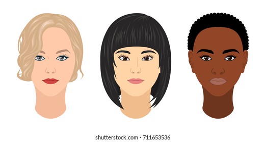 Vector women's heads of different races: caucasian, mongolian and ethiopian