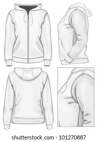 Vector. Women's hooded sweatshirt with zipper (back, front and side view)