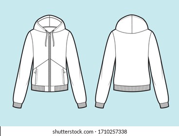 Vector. Women's hooded sweatshirt with zipper (back, front and side view)