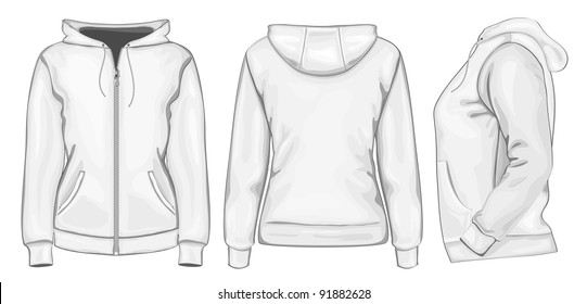 Vector. Women's hooded sweatshirt with zipper (back, front and side view)
